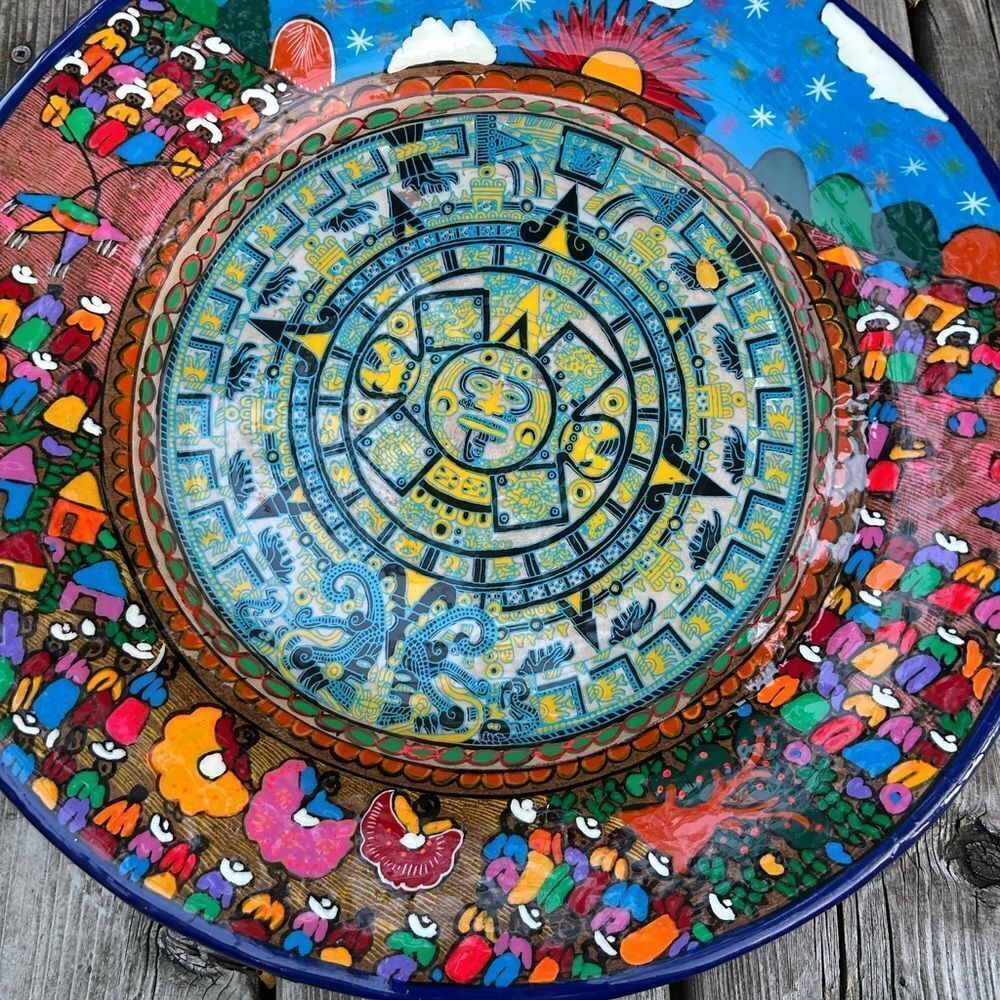 Mexican Folk Art Plate Terracotta Pottery Wall Hanging Hand Painted 16” - Picture 11 of 16